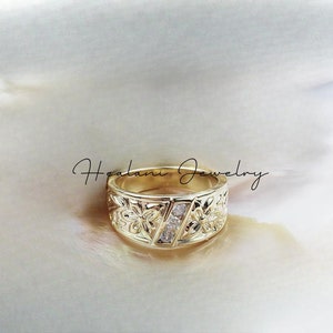 Plumeria Tapered Hawaiian CZ Ring - Hawaiian ring - Gold Ring - Heirloom Jewelry - gifts for her - Gold band