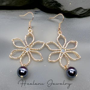 Tiare Wire Earrings - Hawaiian Earrings - Made in Hawaii - Gift for Her - Floral Jewelry - Pearl Earrings - Gold Earrings