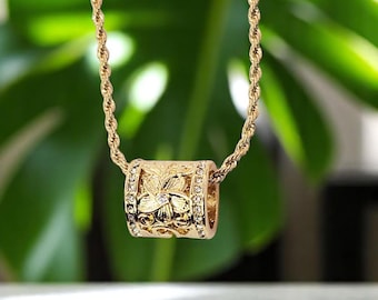 Hawaiian Plumeria Scroll Barrel Pendant Necklace - Hawaiian Necklace - Floral Jewelry - Gold Necklace - Gifts for her - Cubic Zirconia