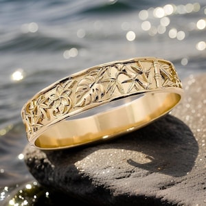 15mm Gold Bamboo Plumeria Monstera Gold Bangle - Hawaiian Jewelry - Beach Jewelry - Gold Bracelet - Gifts for her - Made in Hawaii