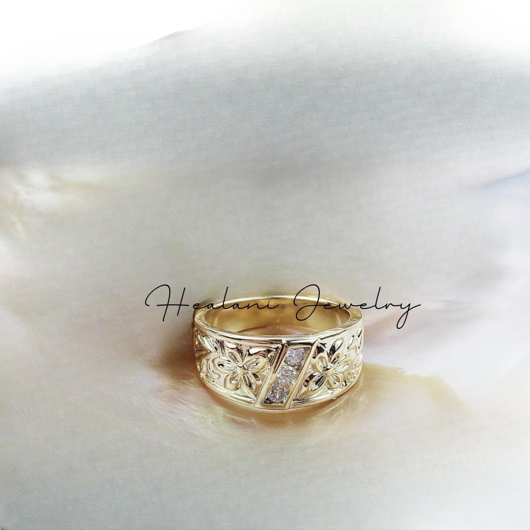 Plumeria Tapered Hawaiian CZ Ring - Hawaiian ring - Gold Ring - Heirloom Jewelry - gifts for her - Gold band