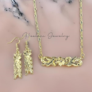 Jewelry Set - Hawaiian Earrings - Hawaiian Necklace - Made in Hawaii - Gift for Her - Floral Jewelry - Gold Earrings - Polynesian Jewelry