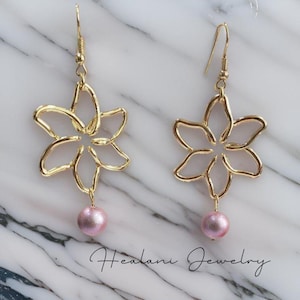 Tiare Flower Earrings - Hawaiian Earrings - Made in Hawaii - Gift for Her - Floral Jewelry - Pearl Earrings - Gold Earrings