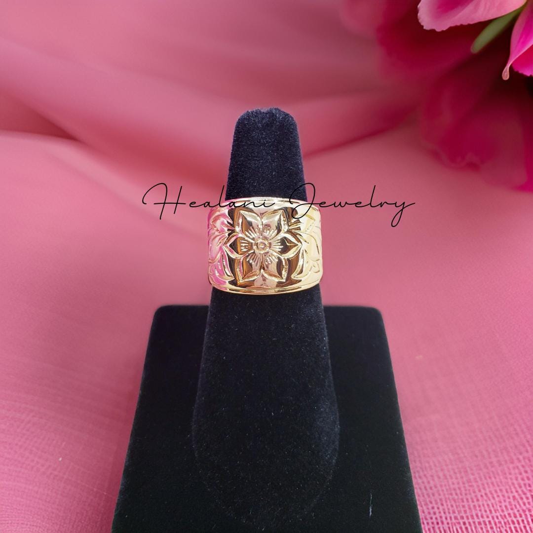 16mm Tapered Hawaiian Floral Ring - Hawaiian ring - Gold Ring - Heirloom Jewelry - gifts for her - Gold band