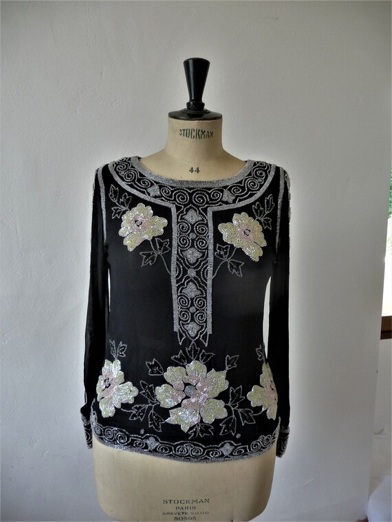 VINTAGE Black beaded evening top,designer Oleg Cas