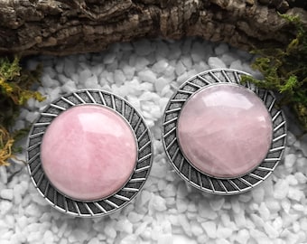 BIG ROSE QUARTZ Plugs, Earplugs with silvercolored setting and real natural gemstone, jewellery for stretched ears, sold as pair!