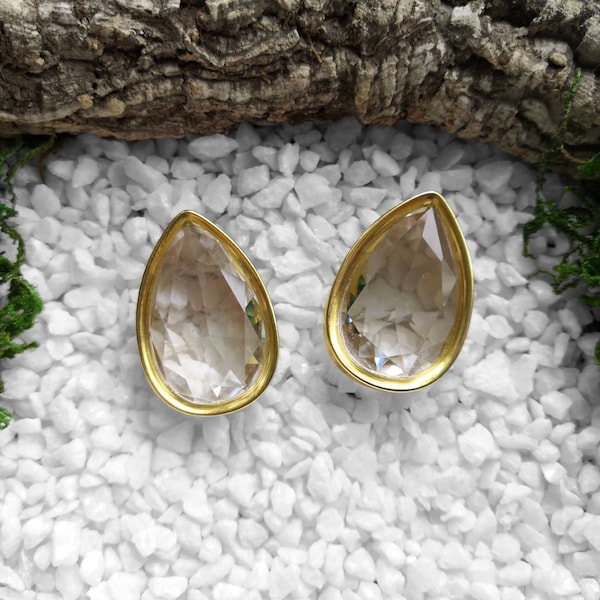 Golden Crystal Teardrop Plugs, Ear plugs made of steel with glass crystal, jewellery for stretched ears, sold as pair!