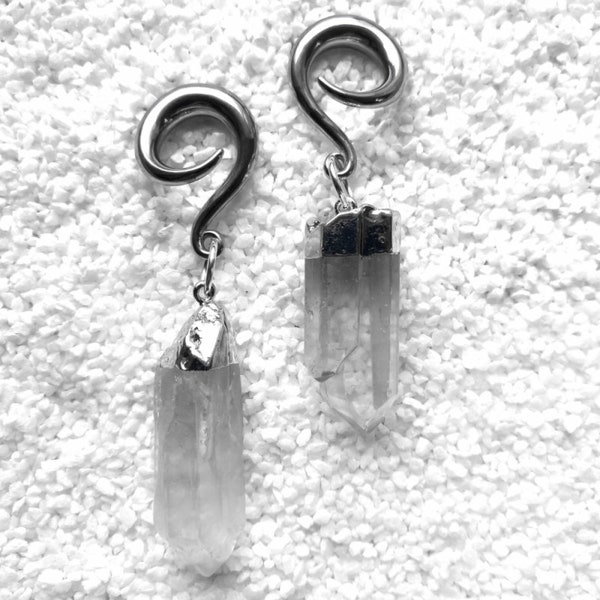 Poids pointeur en cristal de quartz, poids d’oreille de couleur argent avec pendentifs en pierre précieuse de quartz, bijoux pour oreilles tendues