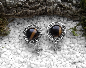 Silver Tiger Eye Bee Plugs, Earplugs with silver setting, tiger eye gemstone and silver bee pendants, jewelry for stretched ears