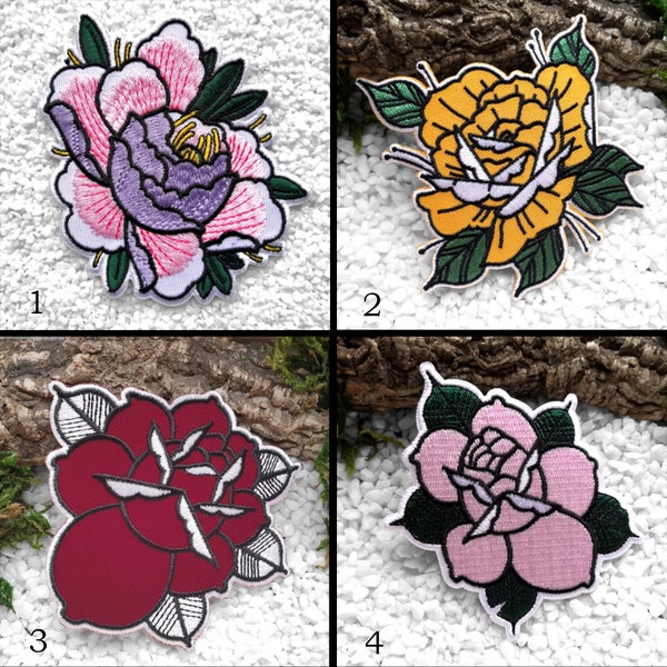 Iron On Patch, Peony, Yellow Rose, Red Rose, Rose