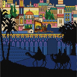 May include: A colorful illustration of a night scene with a star above a city skyline. The city is filled with buildings and a large star above. Three figures are walking towards a building with a star above it. The scene is set against a dark blue background.