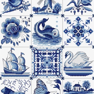 May include: A collection of blue and white cross-stitch designs. The designs include a bird, windmill, flowers, fish, geometric patterns, a sailboat, a swan, a lion, a butterfly, and a landscape scene. The artwork is reminiscent of Delftware.