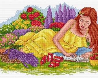 AJBD55 Reading in the Garden with Sasha pdf cross stitch chart only