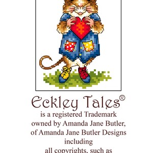 K&ouml;nnte beinhalten: Eine Comic-Maus in einem blauen Hemd und einer roten M&uuml;tze h&auml;lt ein rotes Herz. Der Text "Eckley Tales&reg; is a registered Trademark owned by Amanda Jane Butler, of Amanda Jane Butler Designs including all copyrights, such as character names, illustrations and charts both digital and otherwise." befindet sich unter dem Bild.