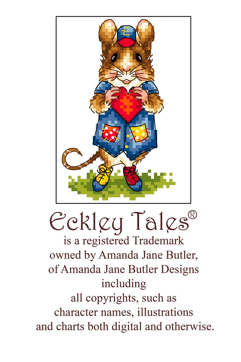 K&ouml;nnte beinhalten: Eine Comic-Maus in einem blauen Hemd und einer roten M&uuml;tze h&auml;lt ein rotes Herz. Der Text "Eckley Tales&reg; is a registered Trademark owned by Amanda Jane Butler, of Amanda Jane Butler Designs including all copyrights, such as character names, illustrations and charts both digital and otherwise." befindet sich unter dem Bild.