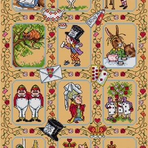 May include: A colorful illustration of scenes from Alice in Wonderland. The illustration features Alice, the Mad Hatter, the Queen of Hearts, the Cheshire Cat, and the White Rabbit. The illustration is surrounded by a border of roses and vines.