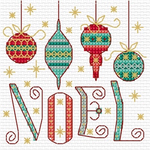 May include: Cross-stitch pattern featuring a red, green, and gold Christmas ornament with the word "NOEL" in a stylized font.