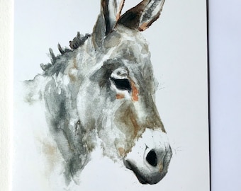 Donkey Watercolor Art Card: Animal Portrait Greetings Card