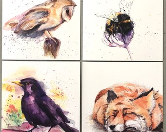 Animal Art Cards: Blackbird, Owl, Bumblebee, Fox - Set of 4