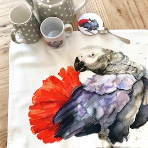Parrot Tea Towel - African Grey Gift - Colourful Parrot Kitchenware