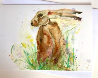 Hare Card - Watercolour Hare Card - Country Hare Card - Pretty Hare Card - Countryside Card - Hare Art Card.