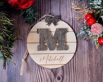 Family Name Christmas Ornament Personalized, Shiplap Monogram Initial, Minimalist Engraved Last Name Farmhouse Style, Custom Rustic Wooden