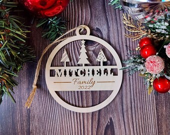 Family Name Christmas Tree Ornament Personalized, Last Name, Minimalist Farmhouse Style Rustic Wooden, Custom Christmas Gift, Laser Engraved