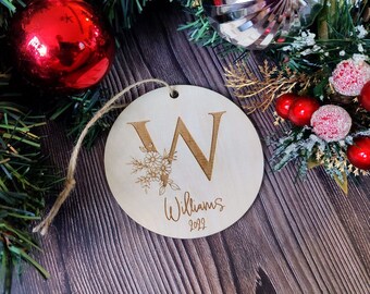 Personalized Letter Name Christmas Ornament, Flower Monogram Initial, Minimalist Engraved Last Name Farmhouse Style, Custom Rustic Wooden