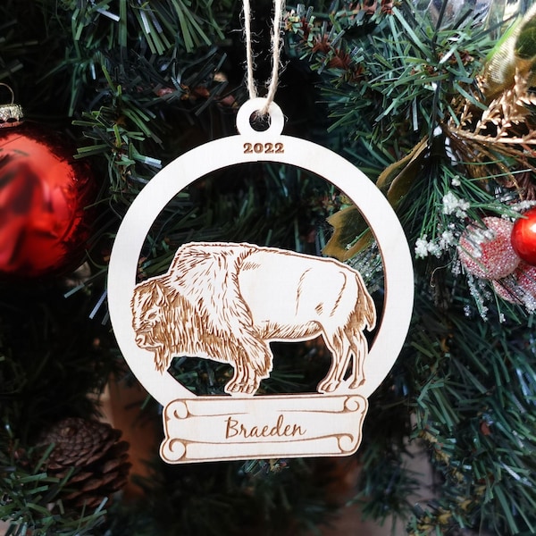 Personalized Wooden Bison Christmas Ornament, Toddler Boys Girls Keepsake, Gift Tags, Children Holiday Ornament, Animal, Kids, Buffalo