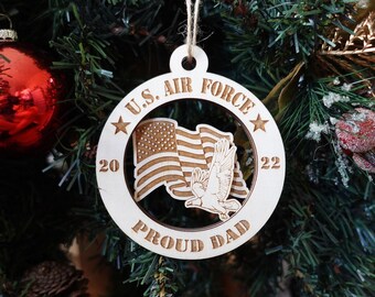 Military Air Force Ornament, Keepsake, Personalized Military Brat Ornament, Proud Mom, Dad, Wooden Christmas Gift for Her or Him, Mom or Dad