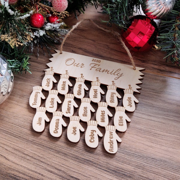 Family Name Ornament, Family Names Engraved, Custom Family Ornament Personalize, Rustic, Wood Engraved Ornament, Mittens, Wood Ornament