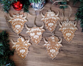 Highland Cow Occupation Christmas Ornament, Police, Cowboy Cowgirl, Queen King, Nurse, Scotland Farmhouse Holiday Gift Idea, Xmas Set of 6