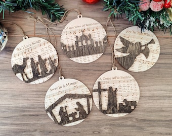 Vintage Wooden Rustic Christmas Ornaments Sheet Music Nativity Scene Laser Cut Engraved Religious Holiday Decorations for Xmas 2023 Gift Set
