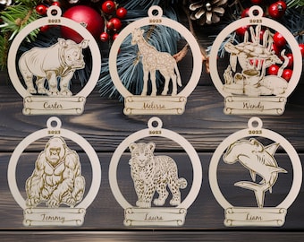 Personalized Animal Christmas Ornament Wooden Tree Hanging-Farmhouse Rustic Gift-Rhino-Giraffe-Sea Turtle-Gorilla-Leopard-Hammerhead Shark