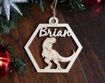 Personalized Wooden Dinosaur Christmas Ornament, Toddler Boys Keepsake, Gift Tag, Childrens Holiday Ornament, Tyrannosaurus, T-Rex Dino Kids