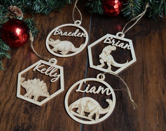 Personalized Wooden Dinosaur Christmas Ornament, Toddler Boys Keepsake, Gift Tag, Childrens Holiday Ornament, Triceratops, T-Rex Dino Kids
