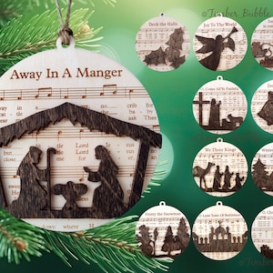 Vintage Wooden Rustic Christmas Ornaments Sheet Music Laser Cut Engraved Nativity Scene & Classic Carols Collection for Xmas 2023 Gift Set