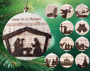 Vintage Wooden Rustic Christmas Ornaments Sheet Music Laser Cut Engraved Nativity Scene & Classic Carols Collection for Xmas 2023 Gift Set