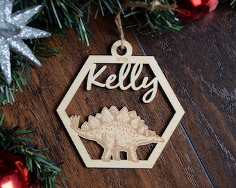 Personalized Wooden Dinosaur Christmas Ornament, Toddler Boys Keepsake, Gift Tag, Childrens Holiday Ornament, Stegosaurus, T Rex, Kids, Dino