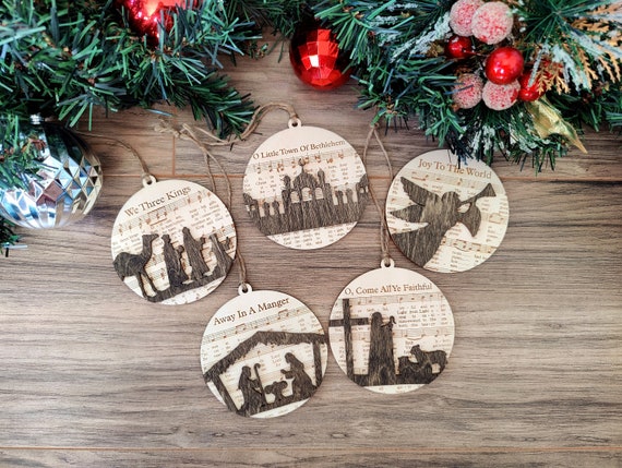 Vintage Wooden Rustic Christmas Ornaments Sheet Music Nativity 