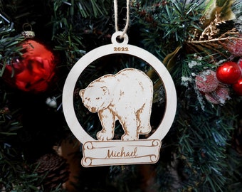 Personalized Wooden Polar Bear Christmas Ornament, Toddler Boys Girls Keepsake, Gift Tags, Children Holiday Ornament, Animal, Kids, Zoo