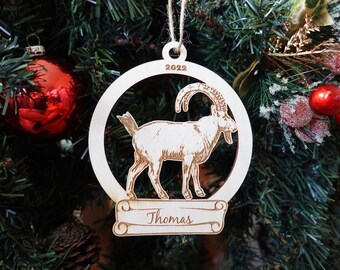 Personalized Wooden Mountain Goat Christmas Ornament, Toddler Boys Girls Keepsake, Gift Tags, Children Holiday Ornament, Animal, Kids, Zoo