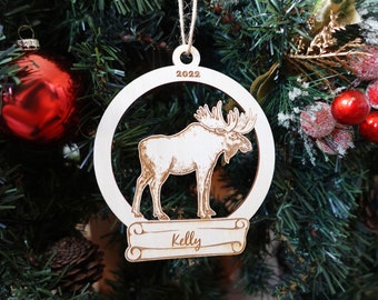 Personalized Wooden Moose Christmas Ornament, Toddler Boys Girls Keepsake, Gift Tags, Children Holiday Ornament, Animal, Kids, Zoo, Alaska