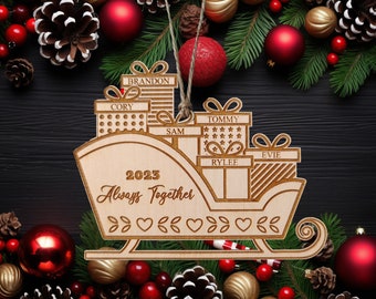 Personalized Santa Sleigh Family Ornament 2023, Customized Christmas Present Gift Tag, Family name & Pet Christmas Ornament, Christmas Gift