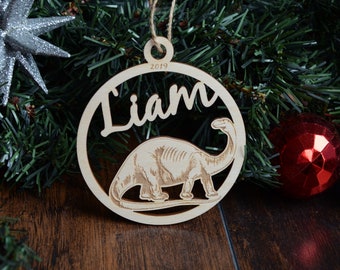 Personalized Wooden Dinosaur Christmas Ornament, Toddler Boys Keepsake, Gift Tags, Childrens Holiday Ornament, Brachiosaurus, T Rex, Kids