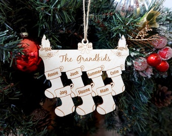 Custom Family Christmas Ornament Stockings, Personalized Names, Holiday Wooden Gift, Grandkids Names, Gift for Mom, Present for Grandma