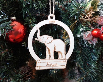 Personalized Wooden Elephant Christmas Ornament, Toddler Boys Girls Keepsake, Gift Tags, Children Holiday Ornament, Animal, Kids, Zoo
