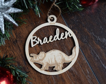 Personalized Wooden Dinosaur Christmas Ornament, Toddler Boys Keepsake, Gift Tag, Childrens Holiday Ornament, Triceratops, T-Rex Dino Kids