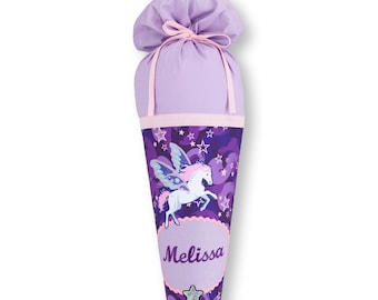 May include: A purple and violet school cone with a drawstring closure. The cone features a winged horse design and the name "Melissa" in script. The cone is decorated with stars and swirls.
