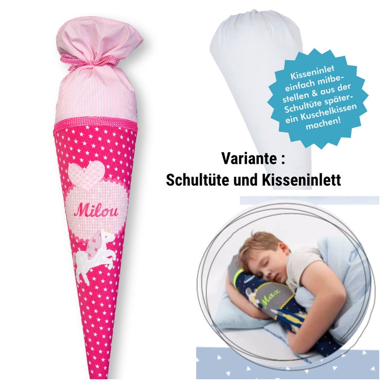 Schultüte aus Stoff Einhorn, Stoffschultüte pink mit Namen, Schultüte bestickt Bild 3